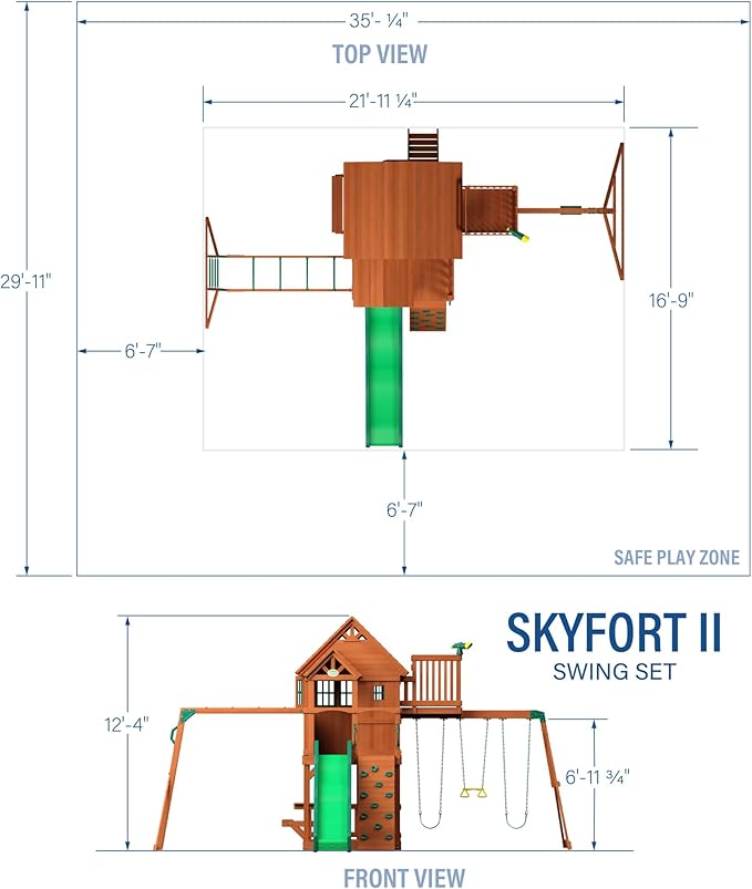 Backyard Discovery Skyfort II Cedar Wood Swing Set with Wave Slide, Raised Clubhouse, Crow's Nest, Monkey Bars, Balcony, Belt Swings, Trapeze, Rock Wall, Picnic Table, Sandbox, Ladder, Outdoor Playset