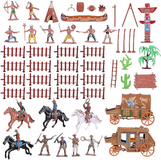 NUOBESTY Cowboys and Indians Plastic Figures Playset, Wild West Cowboys and Indians Models for Miniature Sandbox Decoration Educational Toys for Children