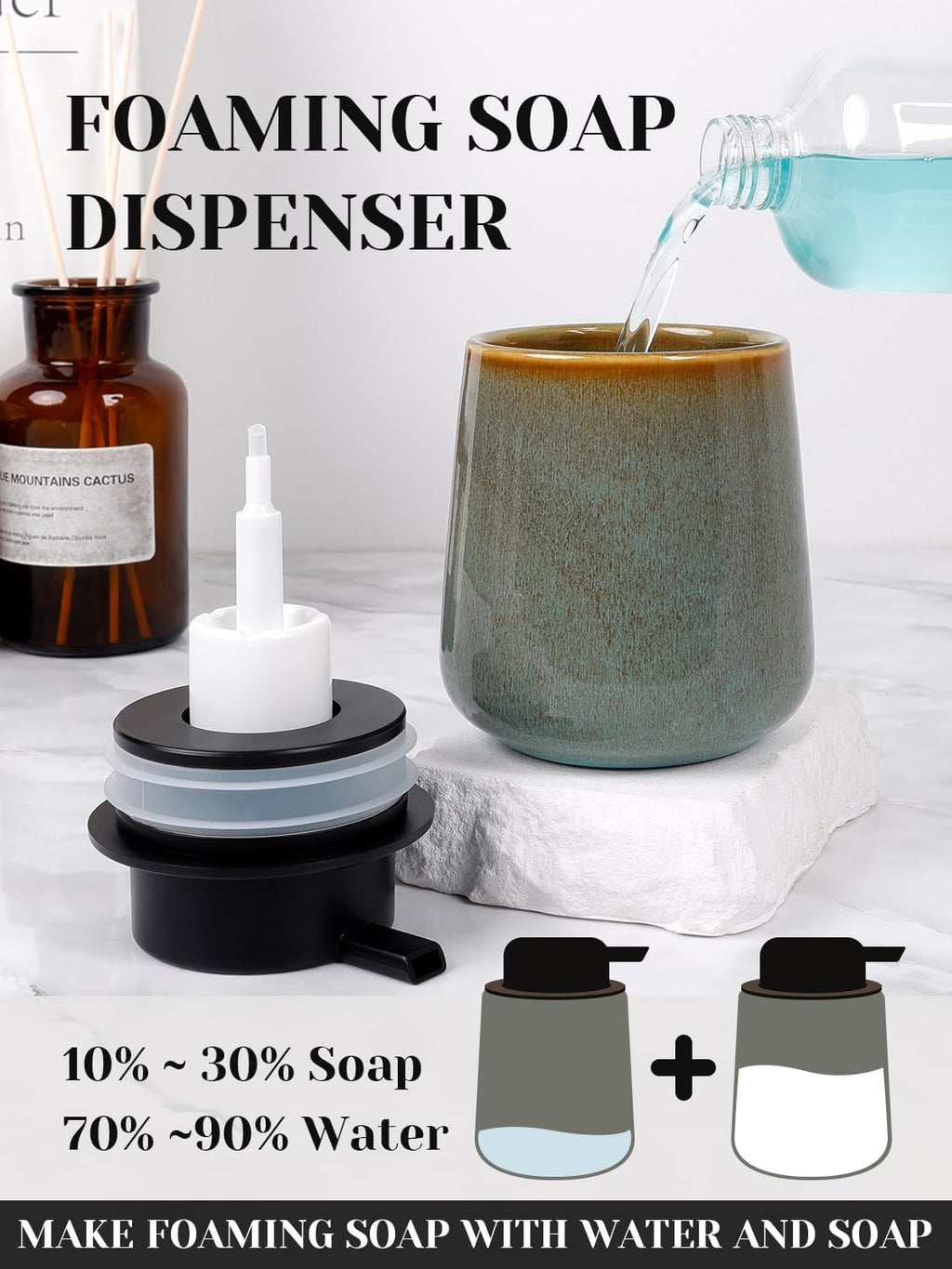 INGOFIN Ceramic Foaming Soap Dispenser -12oz Foam Hand Soap Dispenser Bathroom, Modern Refillable Dish Wash Soap Bottle for Kitchen with Large Pump -Kiln-Glazed Green