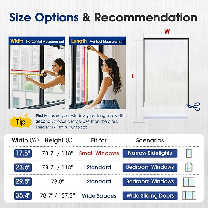 Privacy Window Film Static Cling, Frosted Glass Decorative Window Film with 96% UV Blocking, Non-Adhesive Removable Window Cling for Home Office Bathroom, 17.5 x 118.1 Inches, White