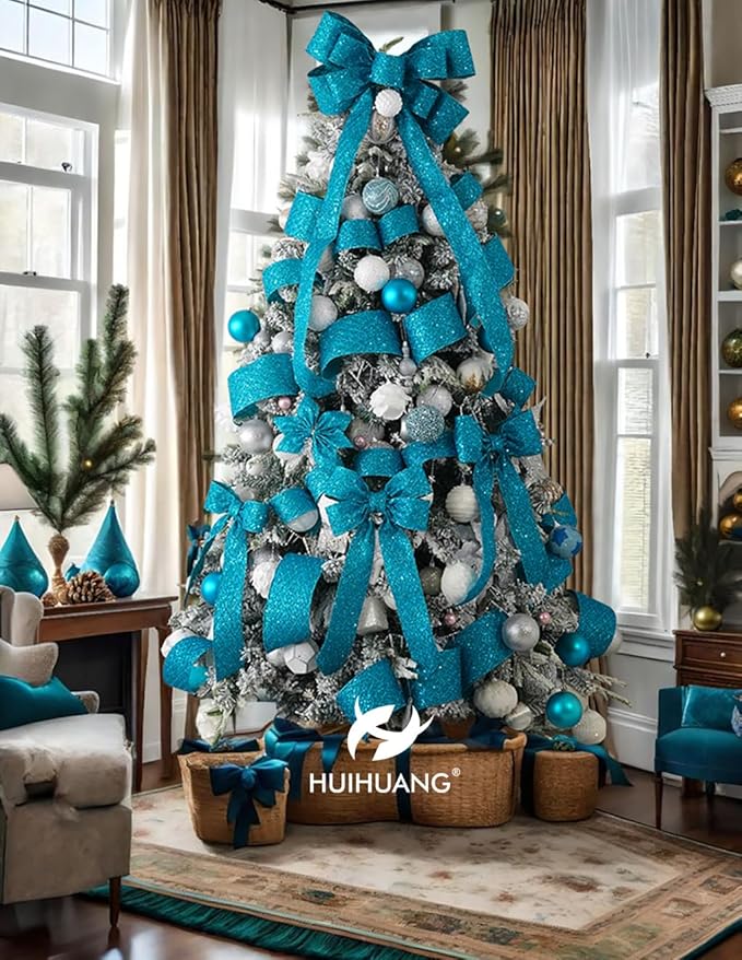 HUIHUANG Turquoise Glitter Wired Ribbon 4 inch Teal Christmas Tree Ribbon Diamond Mesh Wire Ribbon for Tree Decorations, Wreaths, Garland, Large Bows Making, Home Decor -10 Yards