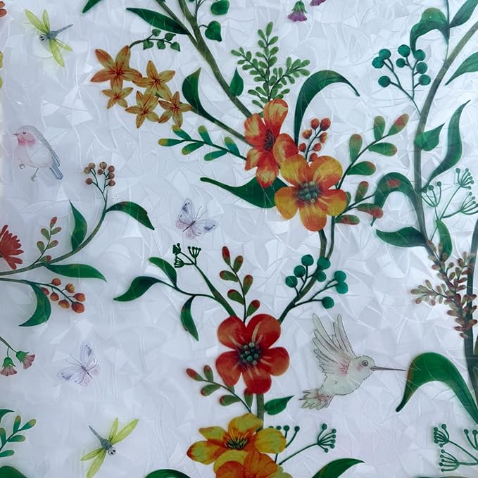 Stained Glass Window Film Static Cling Door Privacy Film Decorative Flowers Green Leaves Window Decals Stickers Heat Control Anti UV for Home and Office,17.5 inches by 78.7 inches