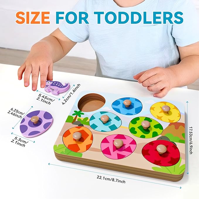 Dinosaur Wooden Puzzles for Toddlers 1-3, Montessori Toys for 1 2 Year Old Boy Birthday Gifts, Dinosaur Matching Eggs Peg Puzzles for Toddlers Age 2-4, Preschool Learning Activities for Girls