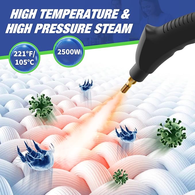 TOTTE Handheld Pressurized Steam Cleaner, 2500W Pressure Portable Cleaner with 3 Brush, 6-gears adjustable for Home Use, Floor, Kitchen,Bathroom, Car (White)