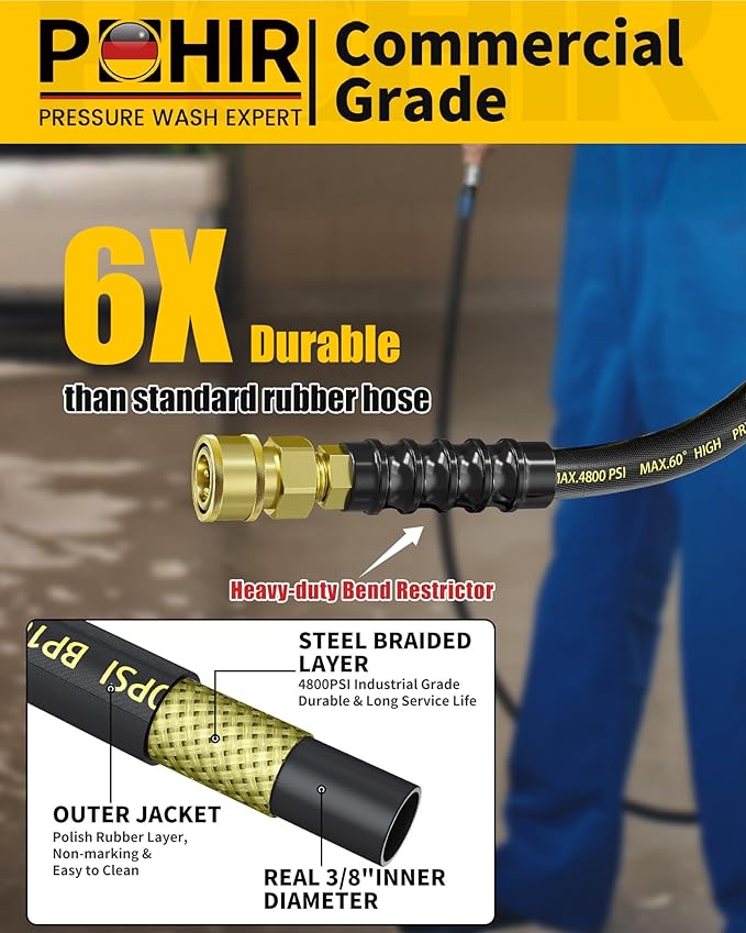 3/8" Pressure Washer Hose 50ft 4800PSI, Power Washer Hose Steel Wire Braided with Swivel Quick Connect, Commercial Grade Industrial High Pressure Water Washing Hose (4800PSI, 50FT)