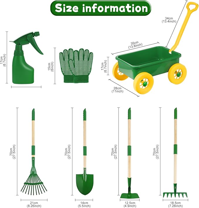 Duckura Kids Gardening Tools Set - 7pcs Wheelbarrow Set Outdoor Toy for Kids with Shovel, Rake, Leaf Rake, Yard Digging Weed Toys, Halloween Birthday Gifts for Boys Girls Age 2 3+Years Old(Yellow)
