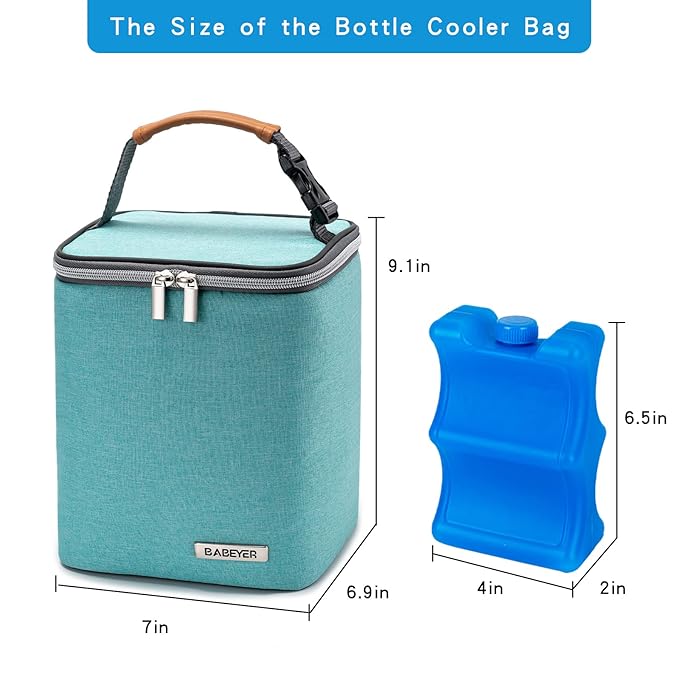 Breast Milk Cooler Bag with Ice Pack Fits 4 Baby Bottles Up to 9 Ounce, Baby Bottle Bag for Nursing Mom Daycare-Aqua