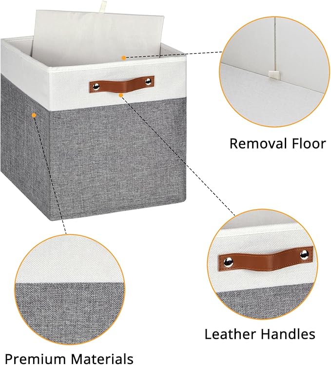 HNZIGE Fabric Storage Cubes 12x12 Cube Storage Bins, Set of 4, Decorative Cube Organizers Bins for Shelves with Handles,Foldable Bins for Cube Organizer Home Toy Nursery Closet(White Gray)