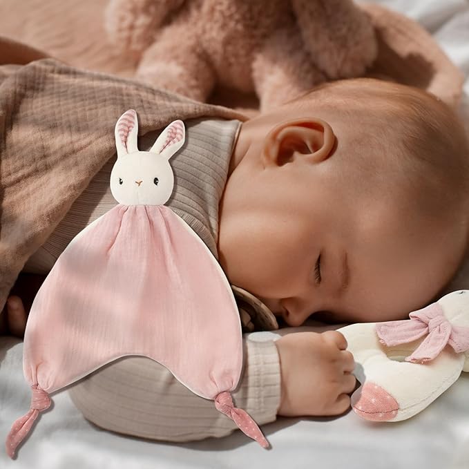 Organic Cotton Stuffed Animal Rattle Baby Toys, Plush Bunny Cuddle Cloth and Hand Grip Ring Rattles Plush Toy Set for Newborns Infant Boys Girls, 2 PCS