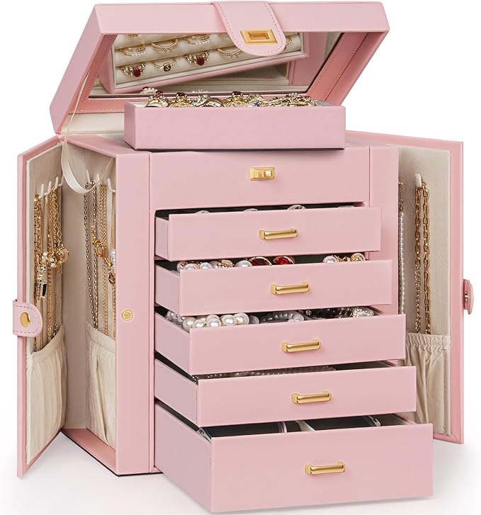 AKOZLIN 6-Tier Jewelry Box Organizer Functional 5 Drawers Leather Jewelry Storage Case for Women Girls Ring Necklace Earring Bracelet Holder Organizer with Mirror Pink