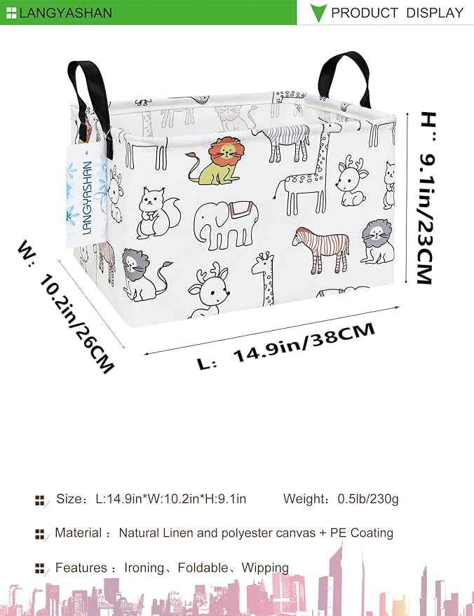 LANGYASHAN Rectangular Storage Bin Collapse Canvas Fabric Cartoon Storage Basket with Handles for Organizing Home Kitchen Boys and Girls Toys Office Closet Shelf Baskets (Rec Simplified Zoo)