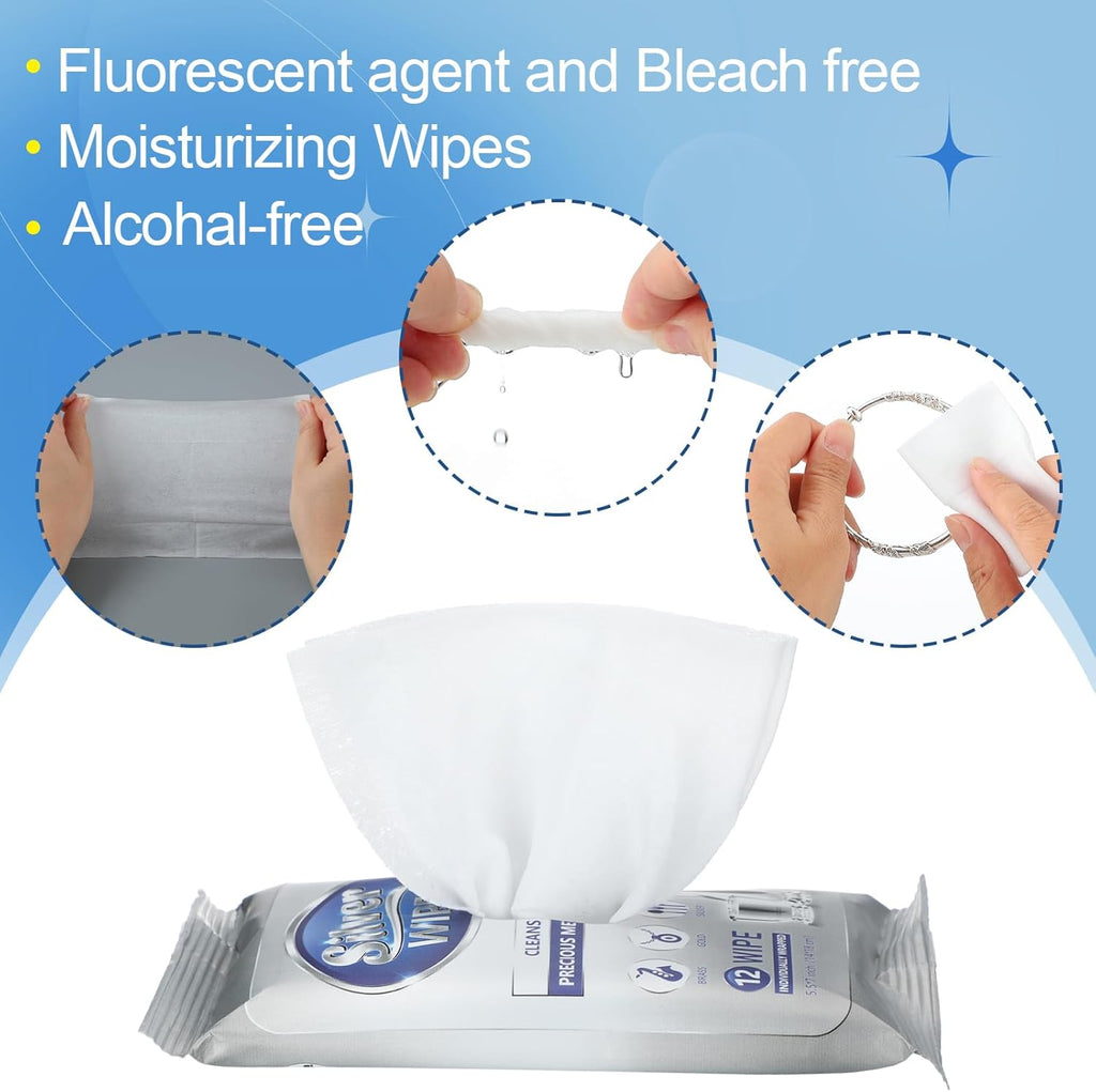 6 Pack/ 72 Pcs Silver Cleaner Wipes Silver Polish Jewelry Cleaner Cleaning Jewelry Wipes for Silverware Stainless Steel Brass Metal Tarnish Remover