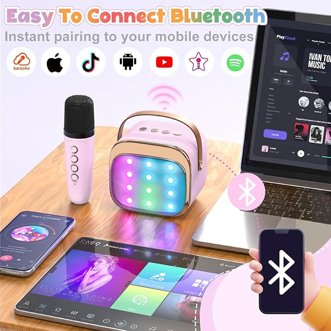 FLUESTON Mini Karaoke Machine for Kids Adults, Portable Bluetooth Speaker with Wireless Microphone, Birthday Kids Gifts Toys for Girls Ages 3, 4, 5, 6, 7, 8, 9,10,11,12+ Years Old