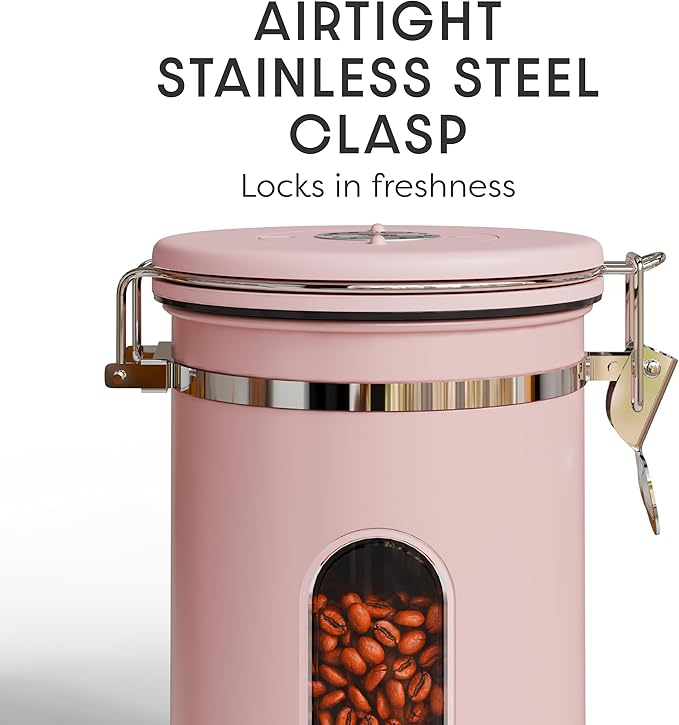 Veken Coffee Canister with Window, Airtight Stainless Steel Kitchen Food Storage Container with Lids, Date Tracker and Scoop for Grounds Coffee, Beans, Tea, Flour, Cereal, Sugar Jars, 22OZ, Pink