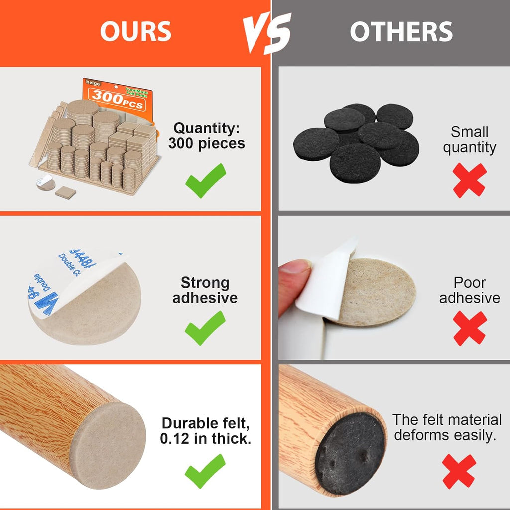 Felt Furniture Pads 300 Pieces, Furniture Pads for Hardwood Floors, Floor Protectors for Furniture Legs, Felt Pads for Furniture Beige