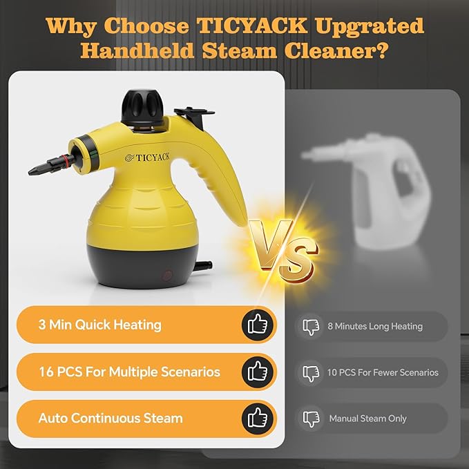 Steam Cleaner, Handheld Steam Cleaner, Steam Cleaner for Home with 16 Accessories and Automatic Steam Switch, Steamer for Cleaning Home, Living Room, Kitchen, Bathroom, Car (Yellow)