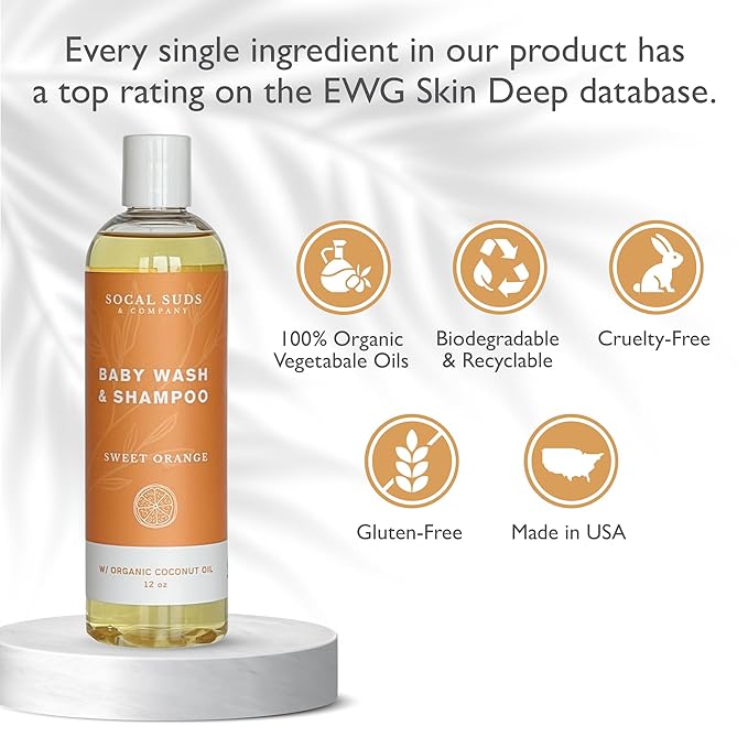 SoCal Suds & Company Baby Shampoo & Body Wash, 2-in-1 Organic Gel - Gentle Castile Soap with Vitamin-Infused Oils & Botanicals - Natural Care for Sensitive Skin Hypoallergenic - 12oz Sweet Orange