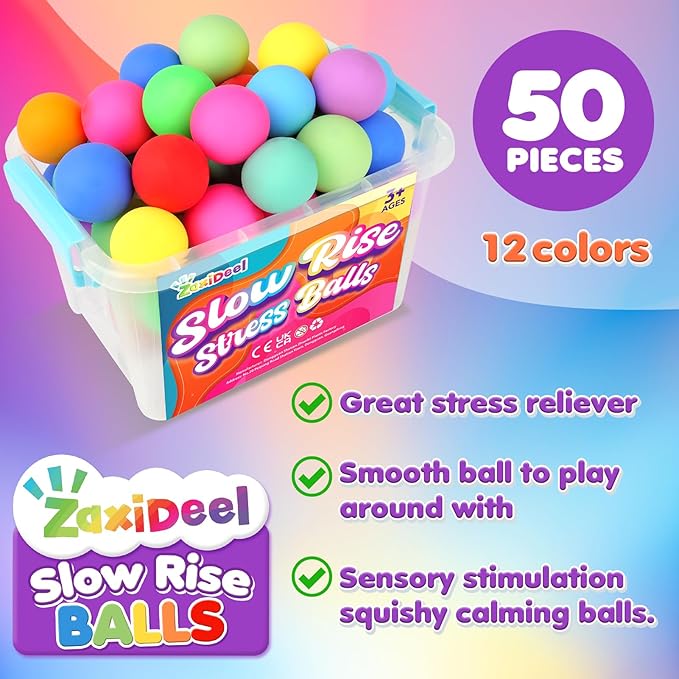 Slow Rising Stress Ball 50 Pack: Mini Squishy Ball for Kids Anxiety Relief, Hand Therapy Sensory Toy, Pull Stretch Fidget Toy, Prize Box Toys for Classroom, Bulk Toy for Teacher, Offices & Group