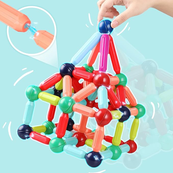 BAKAM Magnetic Building Blocks for Kids Ages 4-8, STEM Construction Toys for Boys and Girls, Large Size Magnetic Sticks and Balls Game Set for Kid’s Early Educational Learning (64PCS)