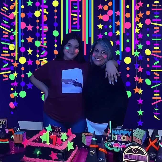 700ft Neon Paper Garland Glow in Dark Paper Streamers UV Reactive Round Dot Star Kit Banners for Neon Party Supplies, Wedding Decorations, Birthday Parties