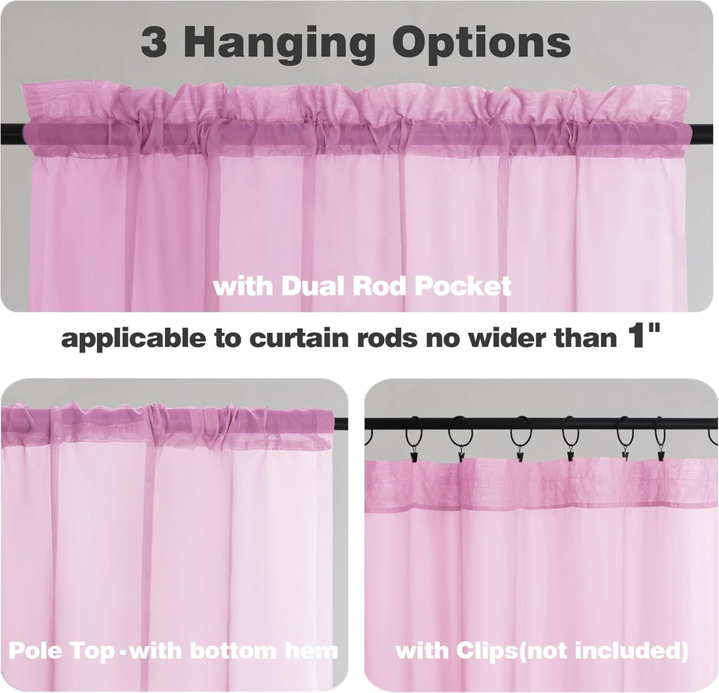 Chyhomenyc Pink Sheer Valances for Window 2 Pack, 42Wx14L Inches Small Sheer Cafe Curtains for Living Room Bathroom Study Cafe Laundry Basement, Cute Rod Pocket Voile Valance