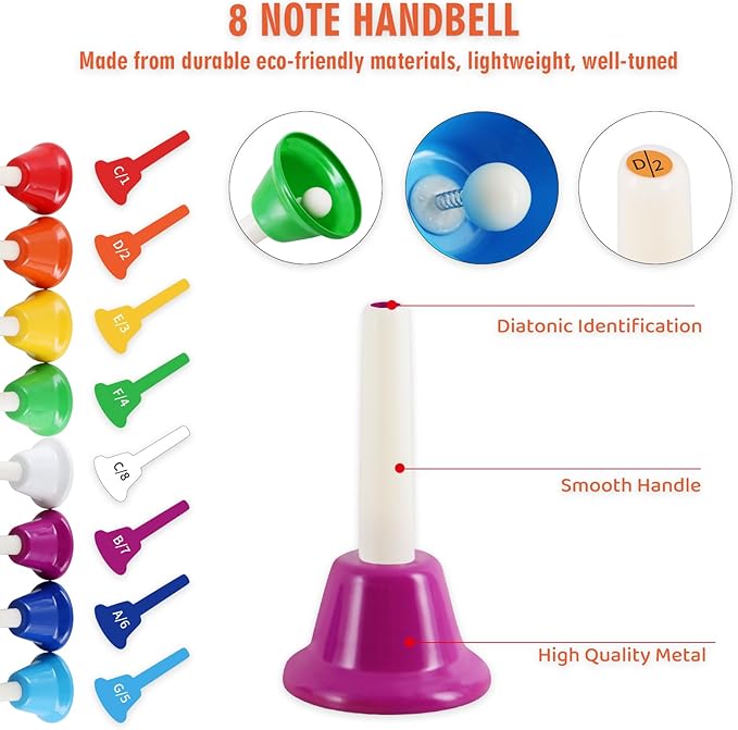 Eastrock Handbells, Hand Bells Set 8 Note Musical Bells for Toddlers Children Kids Adults, Used for Festival, Musical Teaching, Church Chorus, Wedding, Family Party