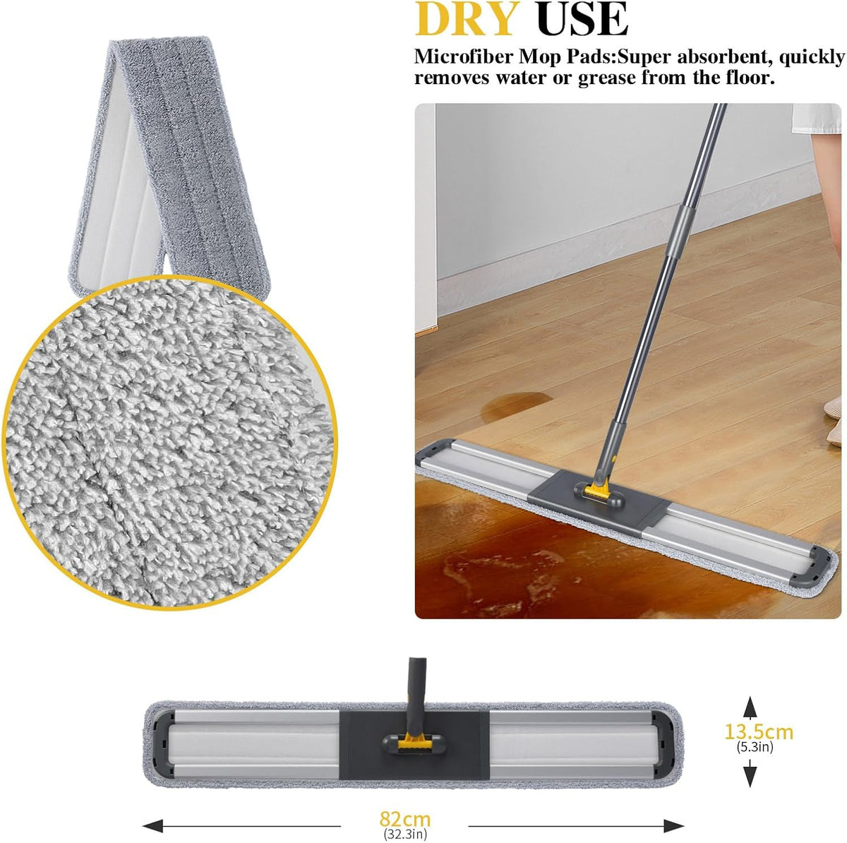 Masthome 36" Commercial Mop, Heavy Duty Industrial Floor Mop with 3 Microfiber Pads, 60" Adjustable Large Dust Mop,Wet Dry Flat Mops for Office Garage Warehouse Factory Mall