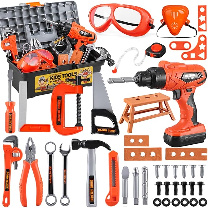 Kids Tool Set – Zealous 48 pcs Toddler Tool Set with Tool Box & Electronic Toy Drill, Pretend Play Kids Toys, Toy Construction Tools for Kids Ages 3,4,5,6,7,8 Years Old (A-Orange)