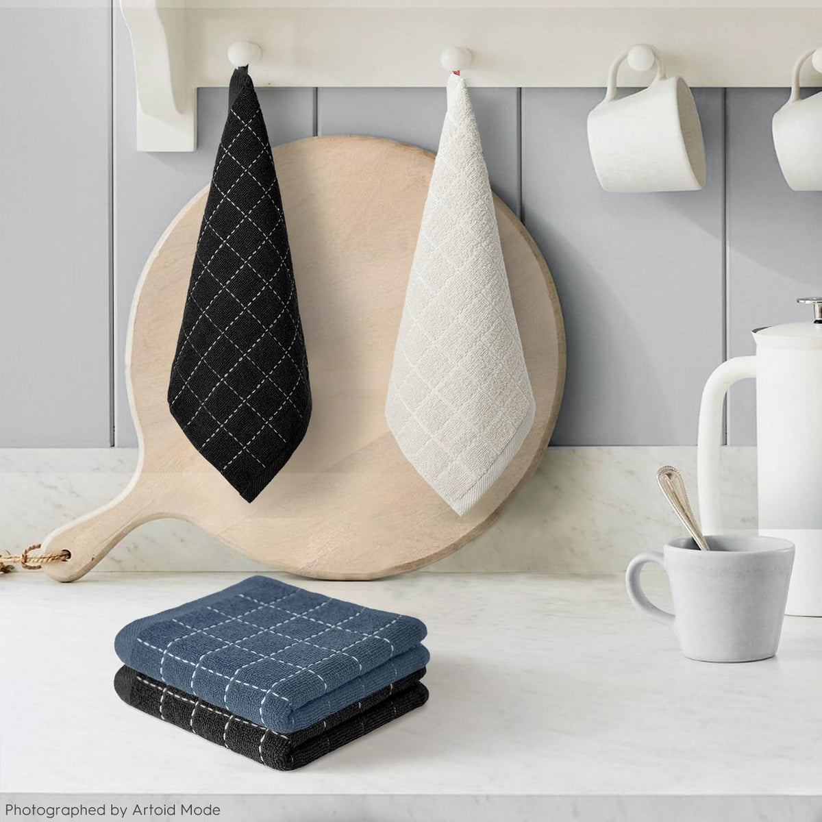 Artoid Mode Checkered Designed Cotton Beige Grey Black Terry Kitchen Dish Cloths, 12x12 Inch Soft Absorbent Quick Drying Kitchen Rags Set of 6