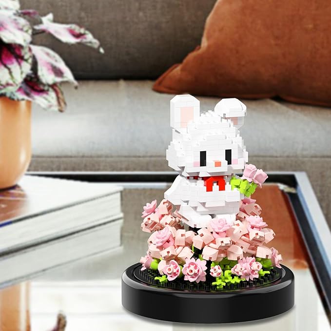 Artificial Flower Animal Toy Building Set for Adult,Mini Rabbit Plant Bonsai Tree Friend Set for Girl,Botanical Collection Gift for Kids,Office Home Decor Building Block,Birthday Gift for Women