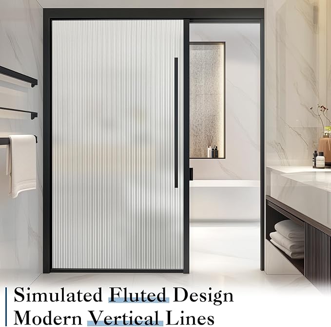Haton Reeded Glass Window Privacy Film, Frosted Glass Window Film, Static Cling UV Blocking Stickers, Decorative Removable Cover for Bathroom Door Office, Non Adhesive 35.4" x 157.4"