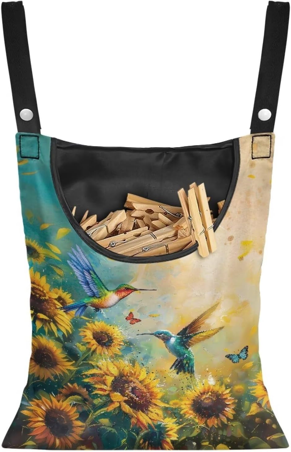 Clothes Pin Hanging Bag with Big Opening Storage Clothes Pins & Mini Clothespins，Hanging Laundry Bag Fits Retractable Clothes Line Outdoors（Hummingbird Sunflower）