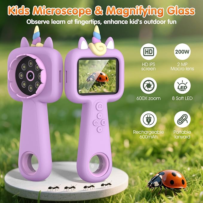 Microscope for Kids - Mini Pocket Kid's Microscope Handheld, 2.4" - 600X FHD Digital Microscope Educational Science Toys, Outdoor Toys for Kids Ages 4-8 8-12, Boys & Girls Christmas Birthday Gifts