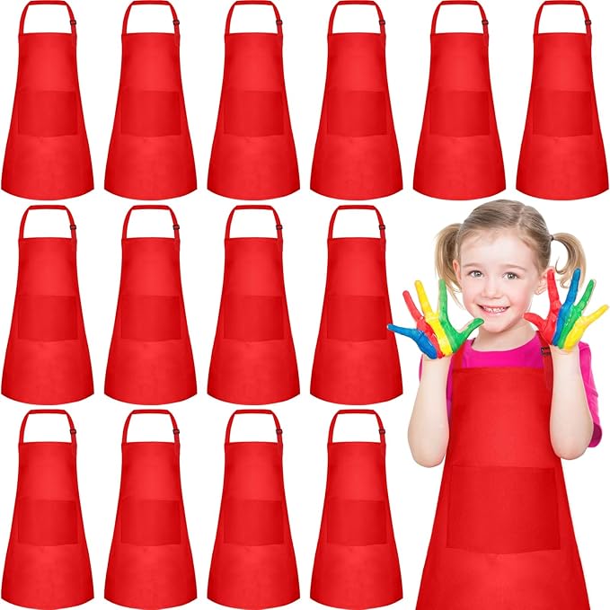 PLULON 4 Pcs Aprons for Kids Adjustable Kids Red Apron Bulk with Pocket Painting Aprons For Boys Girls Painting Cooking Baking (Red)