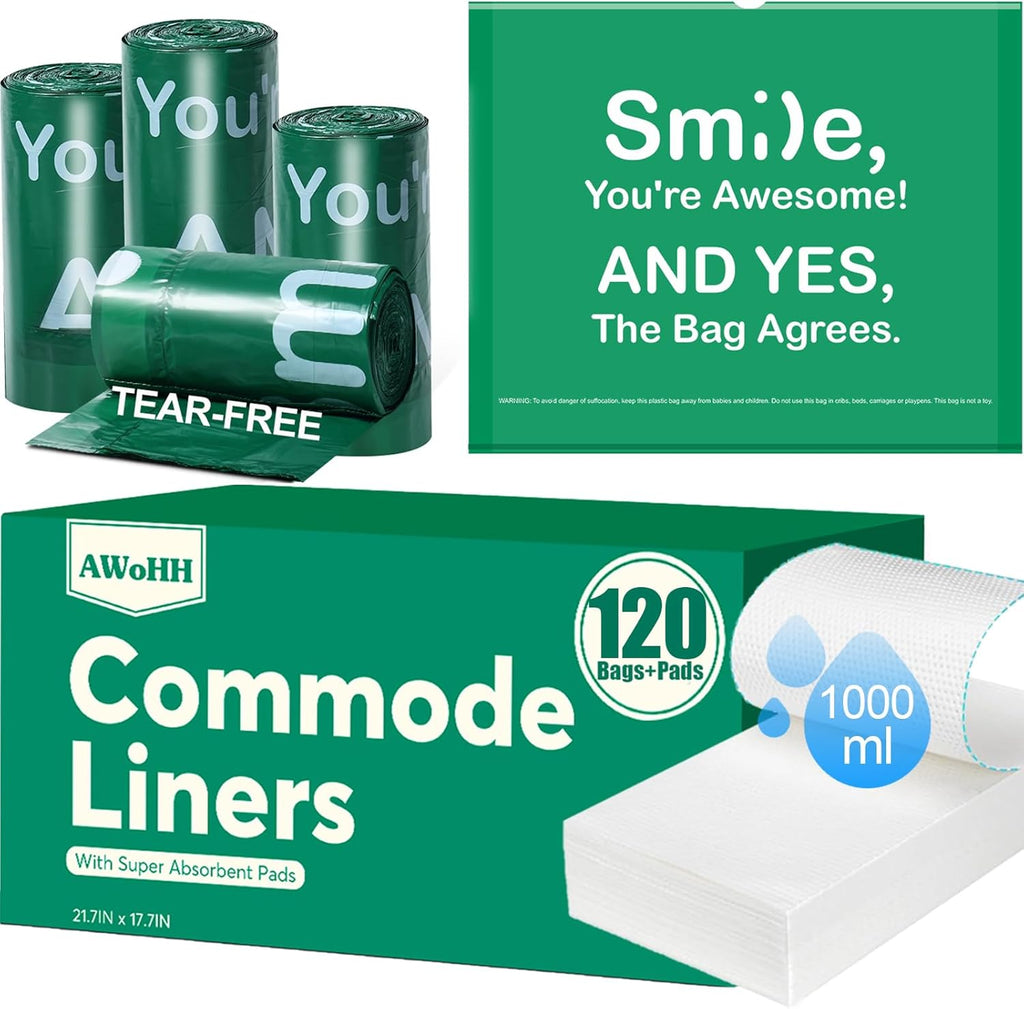Commode Liners with Absorbent Pads, 120Pack Tear-free Leak-proof Bedside Commode Liners, Universal Disposable Commode/Bed Pan Liners for Bedside Commode, Standard Toilet, Chair Bucket(120Bags+120Pads)