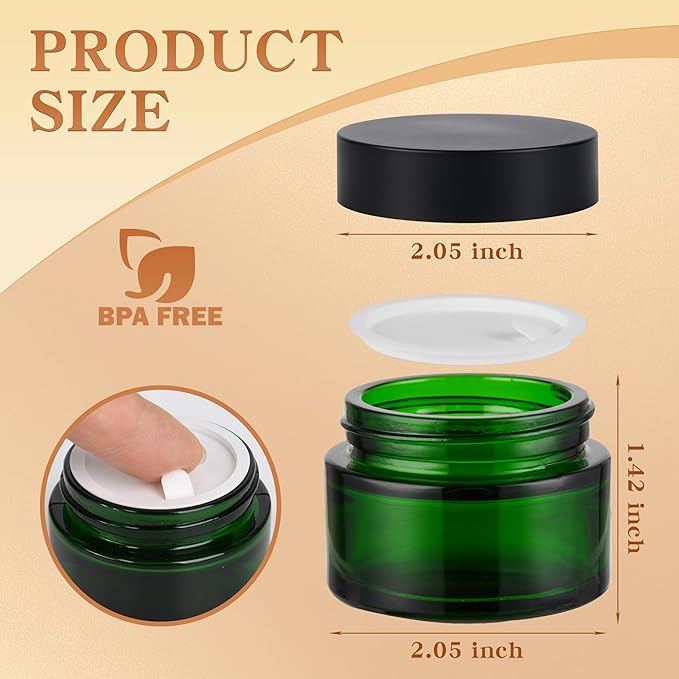 Glass Jars with Lids,Eco-Friendly Cosmetic Containers with Airtight Black Lids & Liners, Multi-Color Options for Cream, Lotion, Body Butter, DIY Skincare Travel Jars (Green, 1oz)