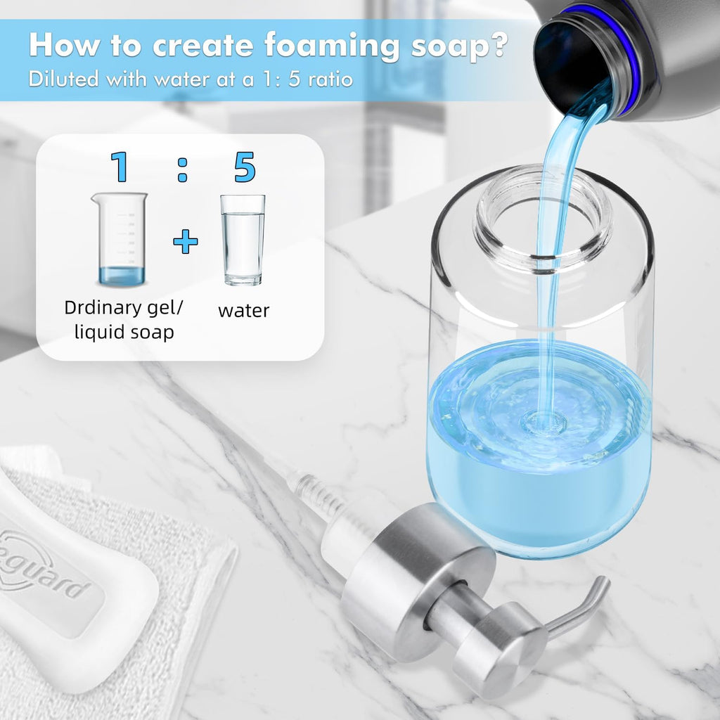 Thick Glass Soap Dispenser with Rust Proof Stainless Steel Pump, Clear Foam Soap Dispenser with Wide Opening for Kitchen and Bathroom（15 Oz）