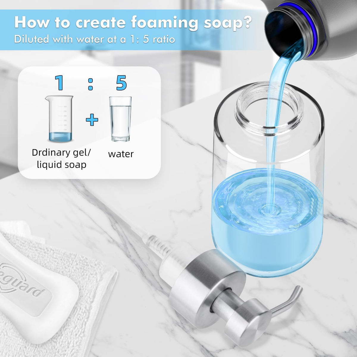 Thick Glass Soap Dispenser with Rust Proof Stainless Steel Pump, Clear Foam Soap Dispenser with Wide Opening for Kitchen and Bathroom（15 Oz）