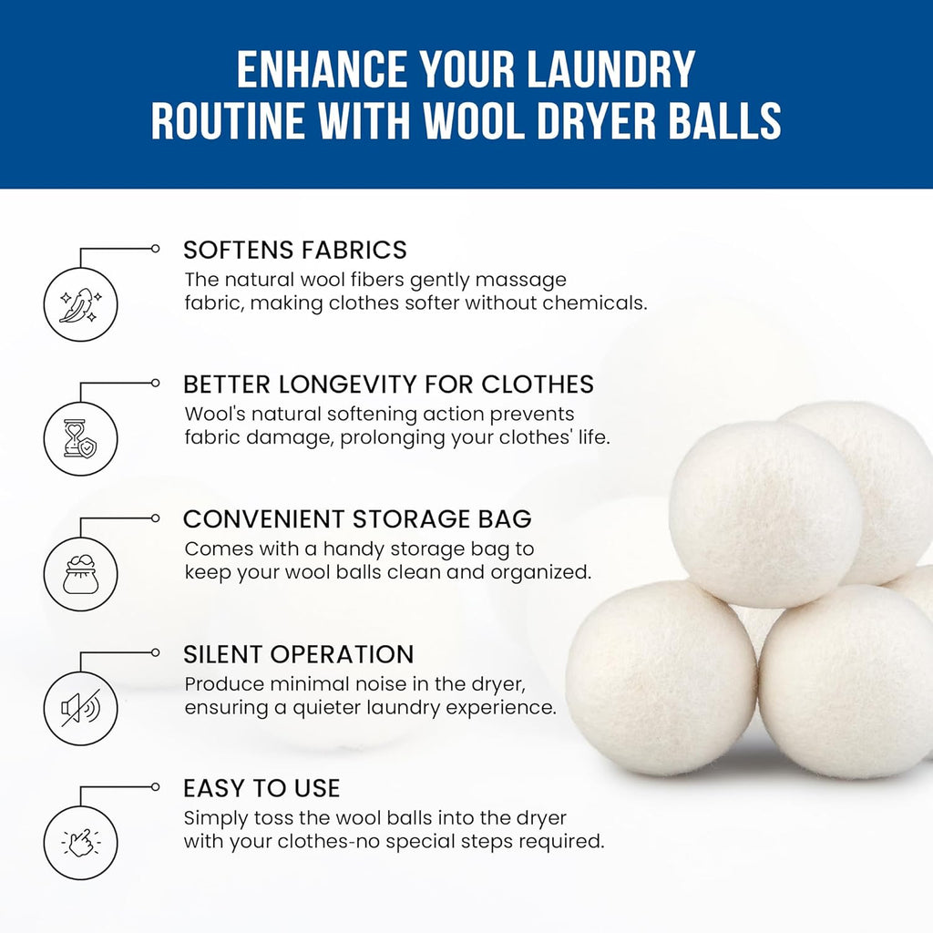 Ezhippie Quality Wool Dryer Balls - 6 XL Pack - 1000+ Loads - Pure Organic Wool - Reusable Natural Fabric Softener Perfect with Essential Oils, Reduce Clothing Static and Wrinkles
