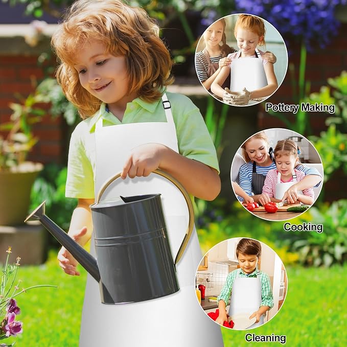 PLULON 4 Pcs Kids Apron Adjustable White Chef Apron with 2 Pockets Painting Aprons for Kids Cooking Baking Crafts (White)