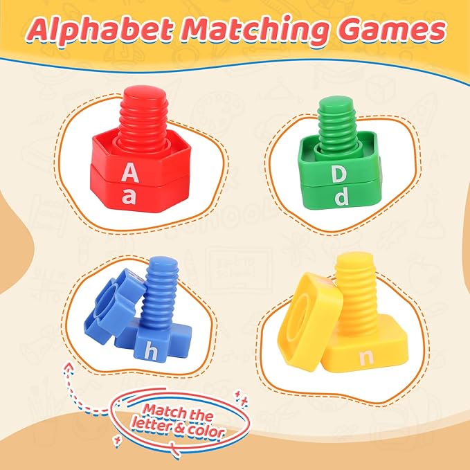 ABC Letters Matching Games - Alphabet Learning Toy for Toddler: 52 pcs Nuts and Bolts Fine Motor Toys, Montessori Sorting & Stacking Toys Preschool Kindergarten Learning Activities for Kids