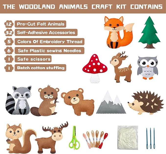 FYXGZZH Kids Beginner Sewing Kit – DIY Stuffed Craft Set with Pre-Cut Felt, Plastic Needle & Embroidery Thread, Educational Arts & Crafts for Boys & Girls Ages 6-12, Woodland Sewing Kit