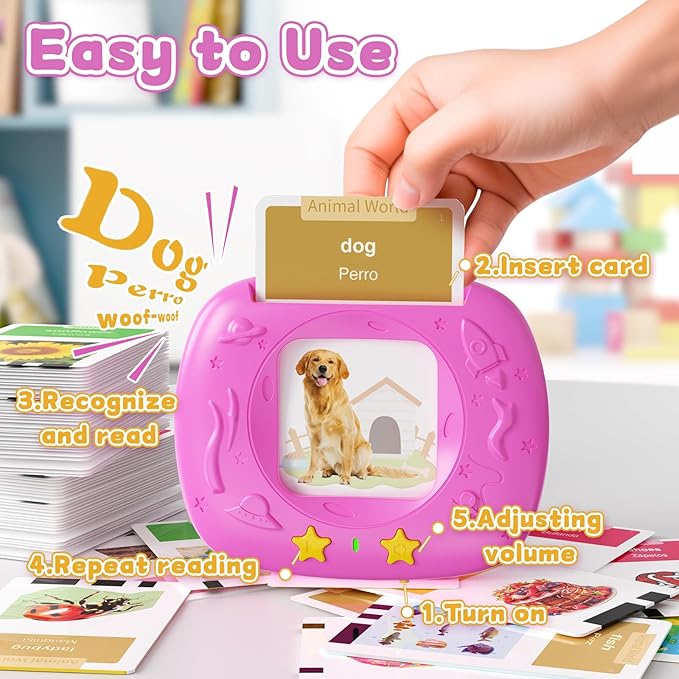 Toddlers Bilingual Spanish & English Talking Flash Cards with 288 Sight Words, Speech Therapy Toys for 1 2 3 4 5 6 Years Old Boys and Girls, Learning Educational Kids Gifts (Pink)