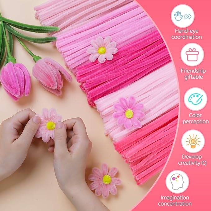 IOOLEEM Pink Pipe Cleaners,500pcs in 5 Colors, Chenille Stems for Art and Craft Projects, Flower DIY Decorations