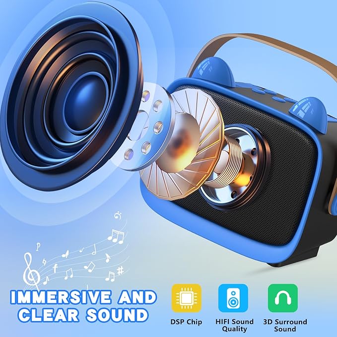 Mgaolo Upgraded Mini Karaoke Machine Toy for Kids, Portable Bluetooth Speaker with 2 Wireless Mics, Emoji & Colorful LED Lights, Home Travel & Party Play Gifts for Boys Girls (Blue)