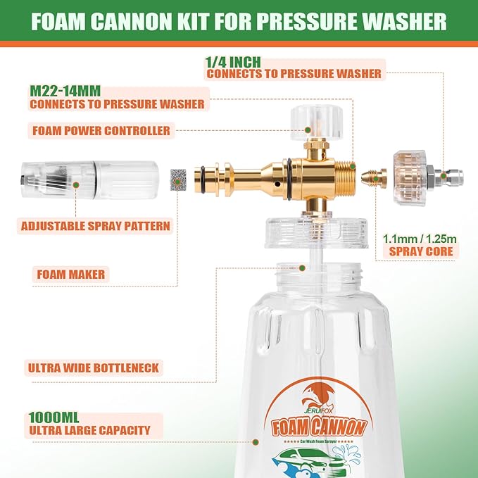 Foam Cannon for Pressure Washer, Pressure Washer Gun with Foam Cannon and 5 Power Washer Sprayer Nozzles Tips for Car Wash Kit Power Washer Gun Foam Soap Cannon for Car Snow Foam Lance