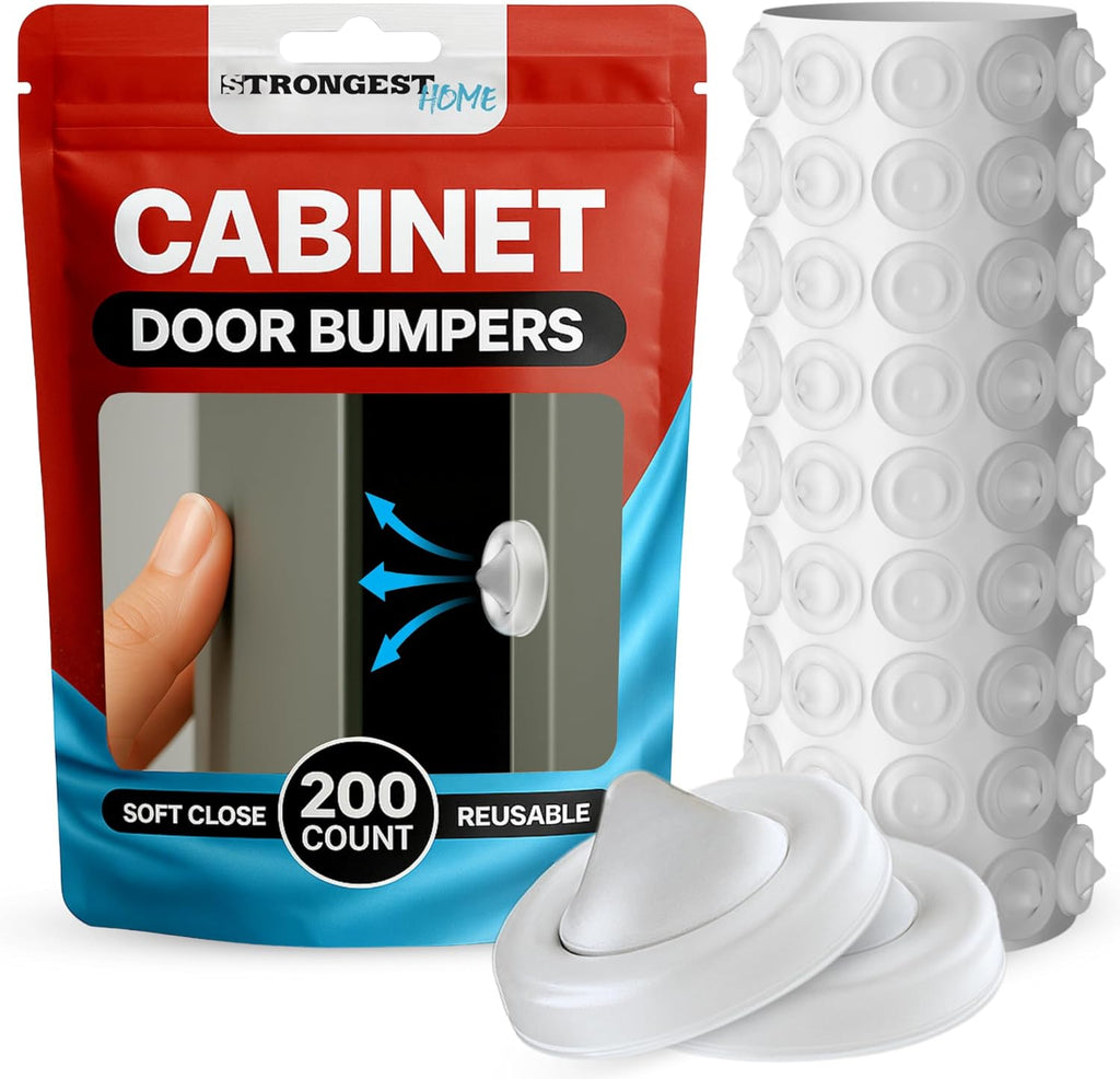 Strongest Home Cabinet Door Bumpers – 200 Pack Clear Rubber Bumpers Self-Adhesive for Cabinets, Drawers & Furniture – Soft Cabinet Stoppers for Quiet Close & Surface Protection – 0.5" x 0.2"