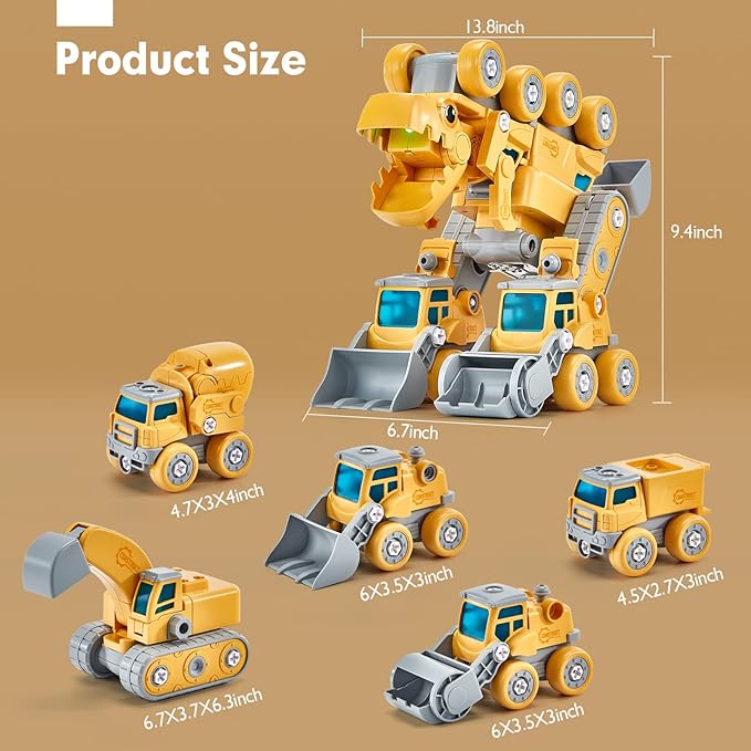 hahaland Toys for 5+ Year Old Boys - Take Apart Dinosaur Kids Toys Construction Vehicles 5 in 1 Transform into Dinosaur Robot STEM Building Toy for 5 6 7 8 Year Old Boys