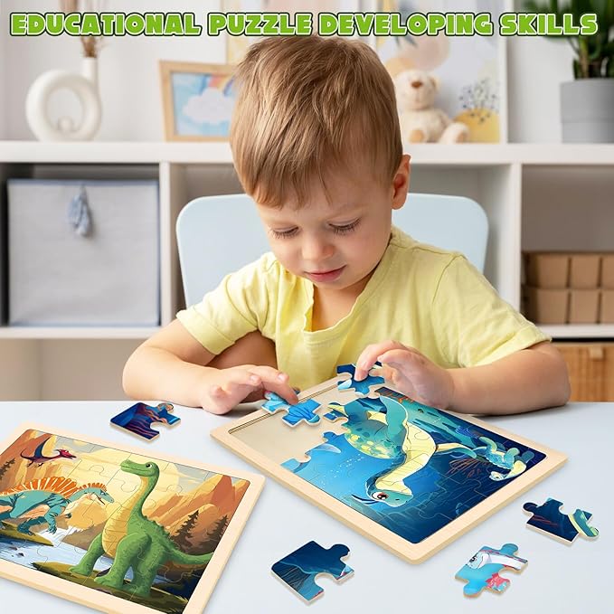 Wooden Dinosaurs Puzzles for Kids Age 3 4 5 Year Old, 4 Pack 24 Pcs Montessori Toddler Jigsaw Puzzles for Girl boy Activities Preschool Learning Educational Birthday Gift Travel Autistic Wooden Toys