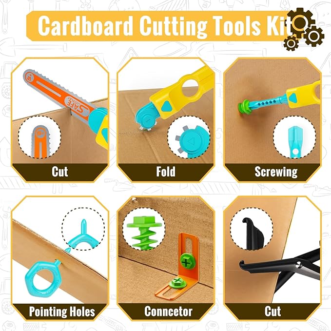 SpringFlower Cardboard Cutter for Kids, 129 PCS Cardboard Tools for Kids, STEM Educational Construction Kit Toys for Boys Girls, DIY Safe Cutting Creative Craft Kit, Gift Birthday for Boys Girls